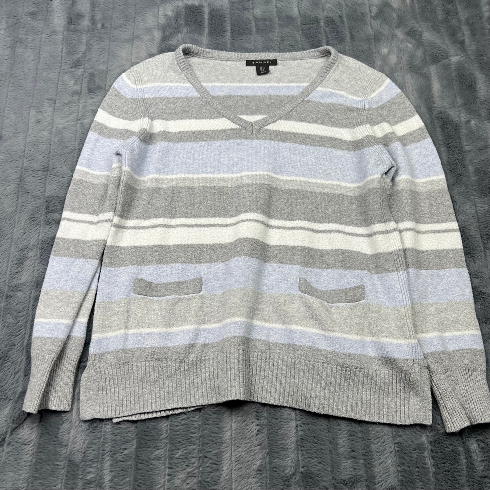 Tahari Womens Striped V-Neck Sweater Grey Blue White Size L 14192